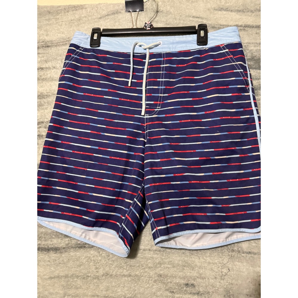Johnnie-O Mens Clairview Striped Swim Trunks Navy Blue Wake JMSS2240 Size Large